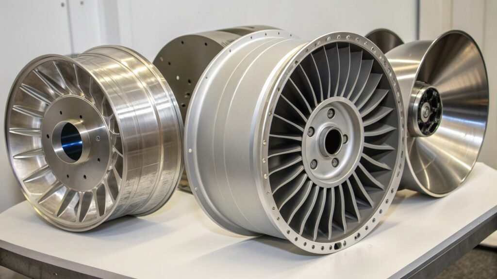 An infographic of an airplane, with callouts pointing to different parts (wing spar, fuselage skin, landing gear) and the corresponding aluminum alloy used.